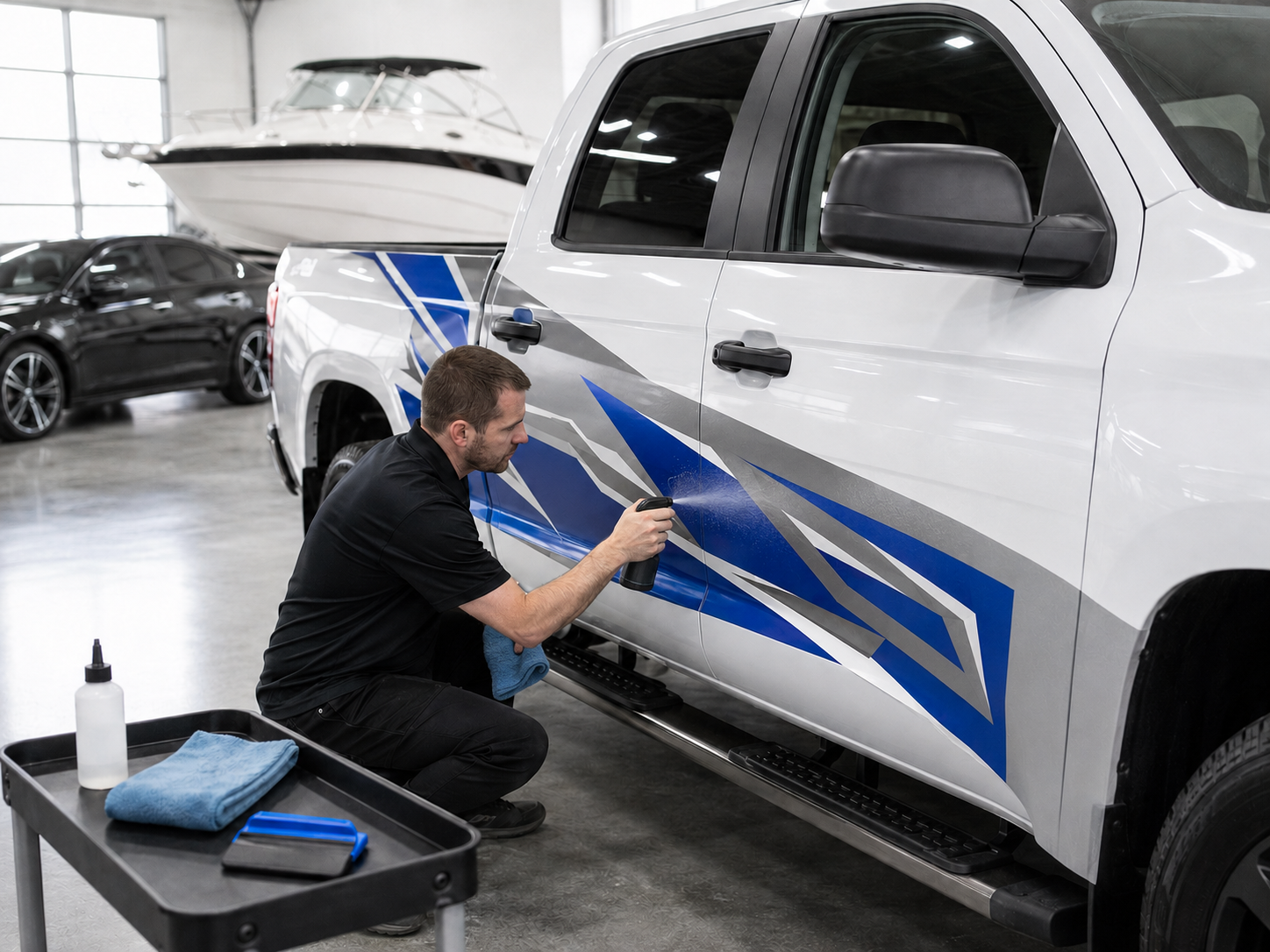 Professional spraying ceramic coating over a finished vinyl graphic on a white pickup truck.