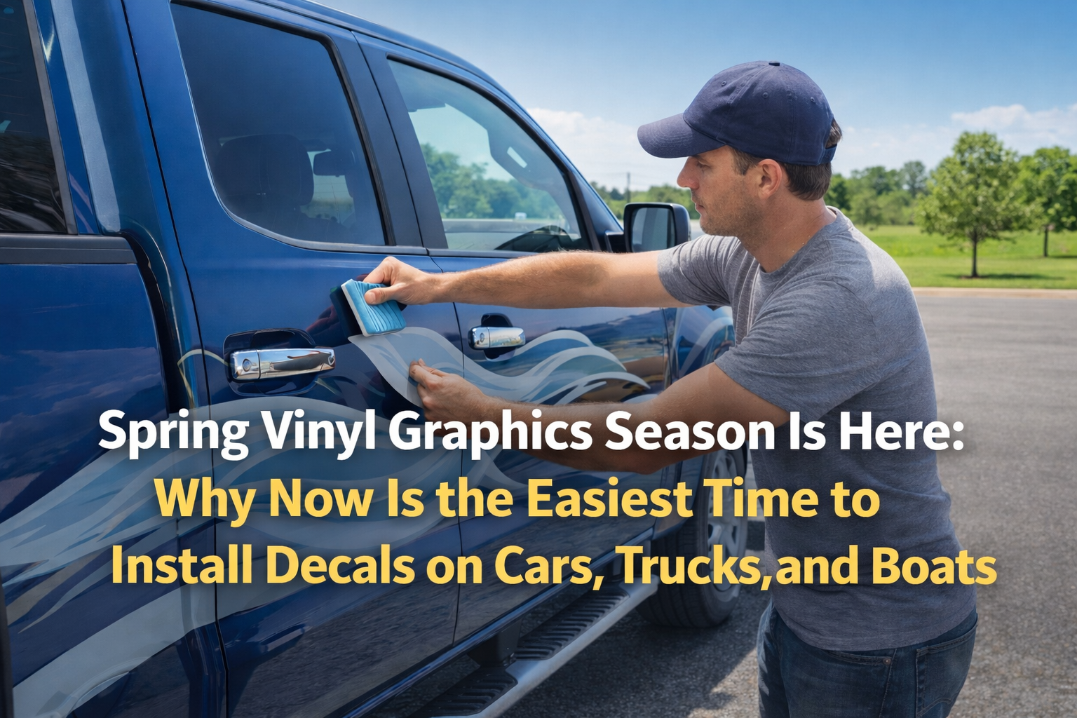 Man installing a vinyl graphic on a blue pickup truck in warm spring weather for a seasonal vehicle graphics blog