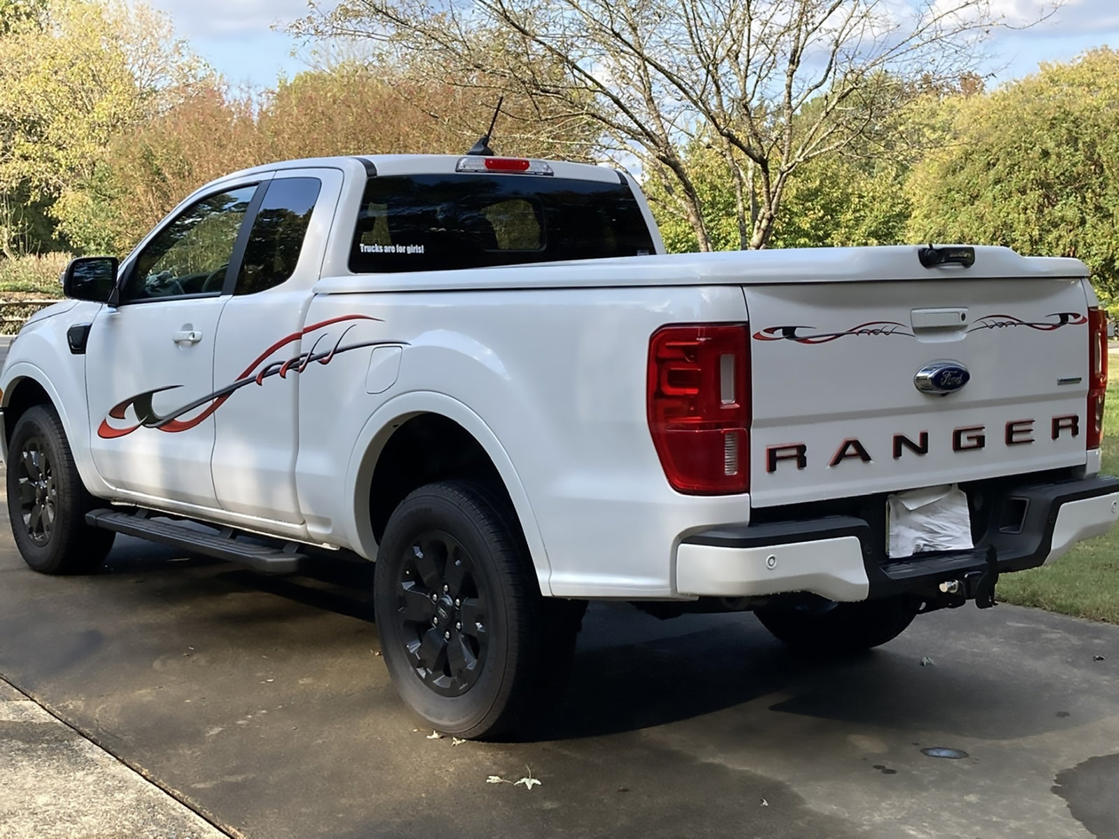 Storm Stripes vinyl graphics on white Ford Ranger pickup