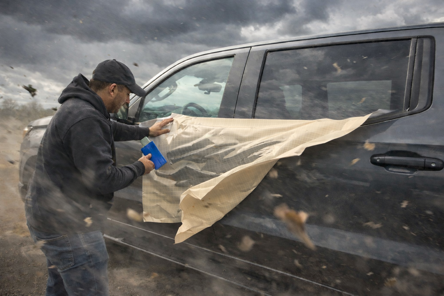Windy day vinyl decal install on a pickup truck showing the decal lifting and flapping in strong gusts.