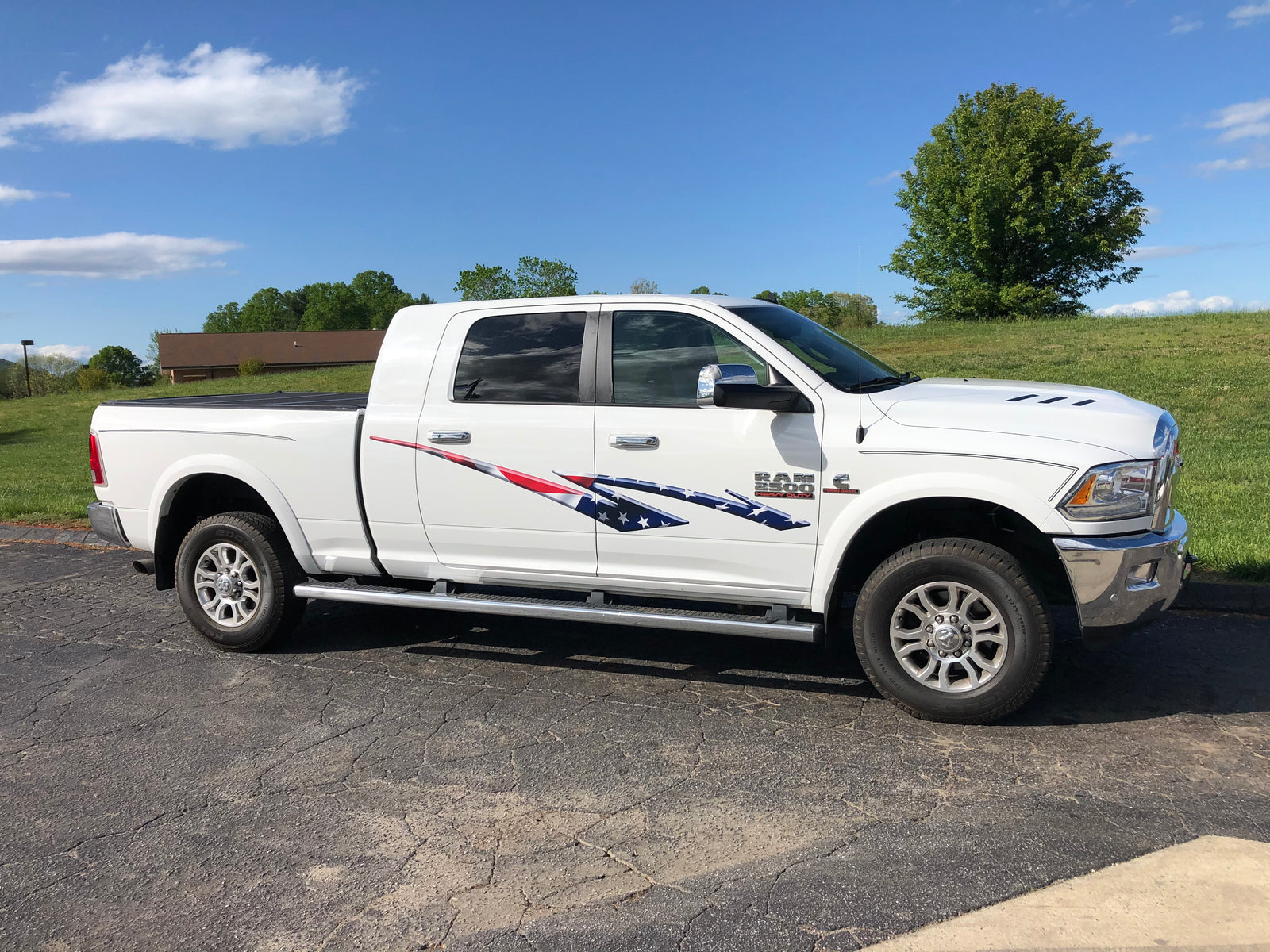 American flag stripe decal on white Dodge Ram
