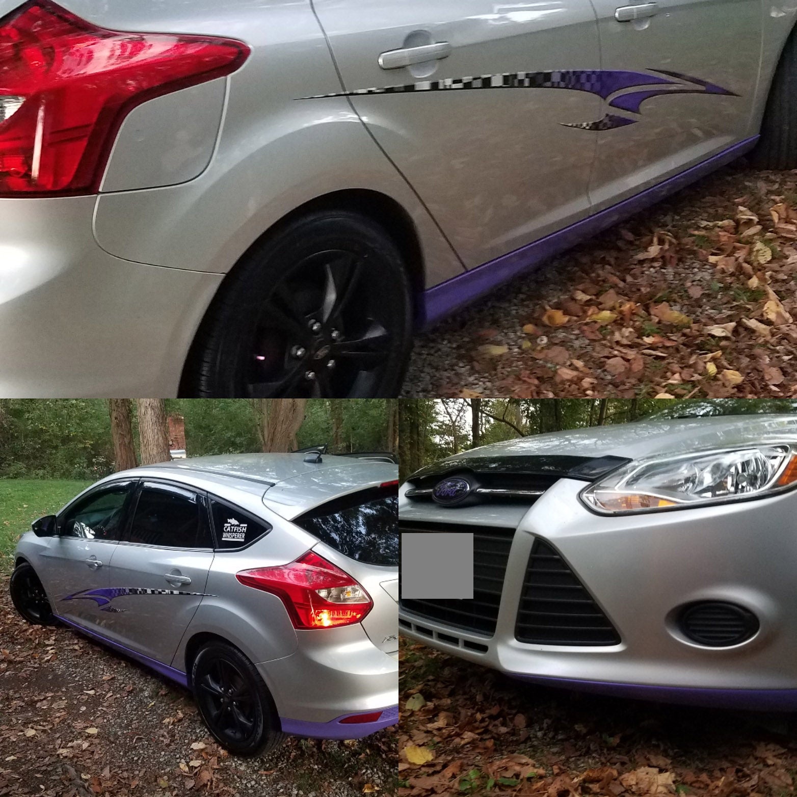 checkered flag stripe decal on silver Ford sedan