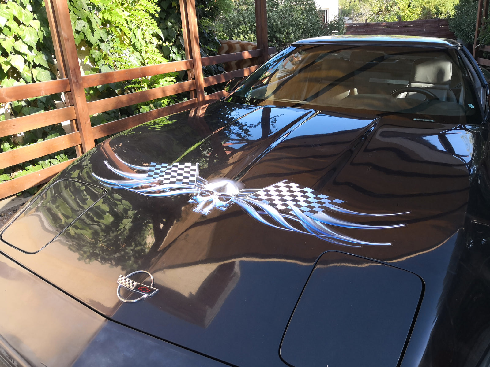 chrome skull with checkers decal on corvette hood