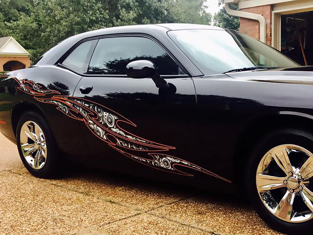 tribal steampunk vinyl graphics on black sports car