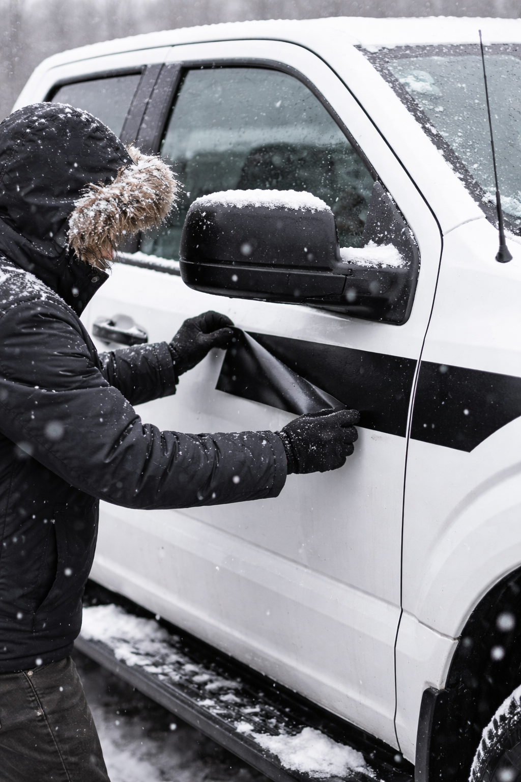 trying to apply black stripe decal on white truck during cold weather and snow