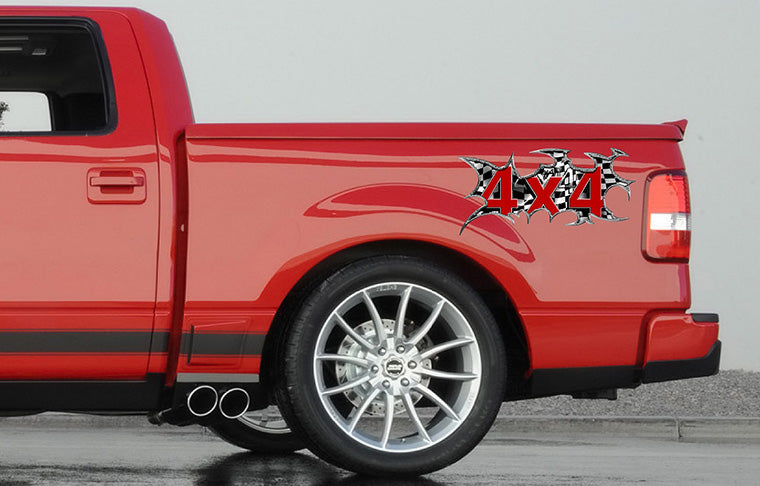4x4 checkered sticker on red truck