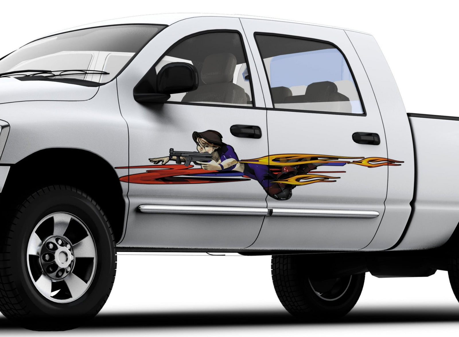 Anime battling girl graphics on the side of white truck