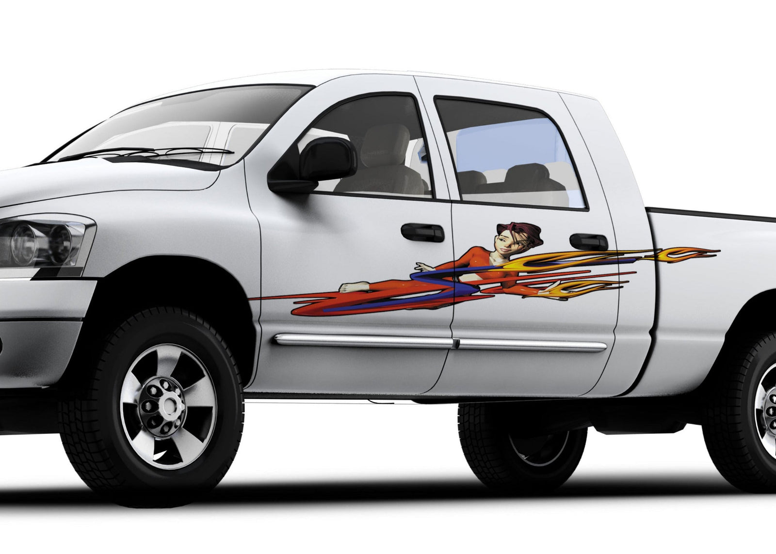 Anime girl vinyl graphics on the side of white truck