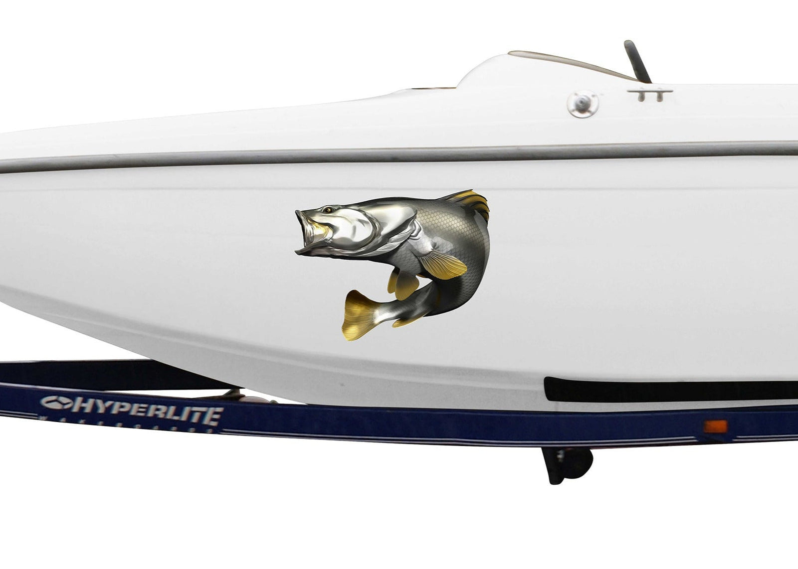 Barramundi fish decal on the side of a boat