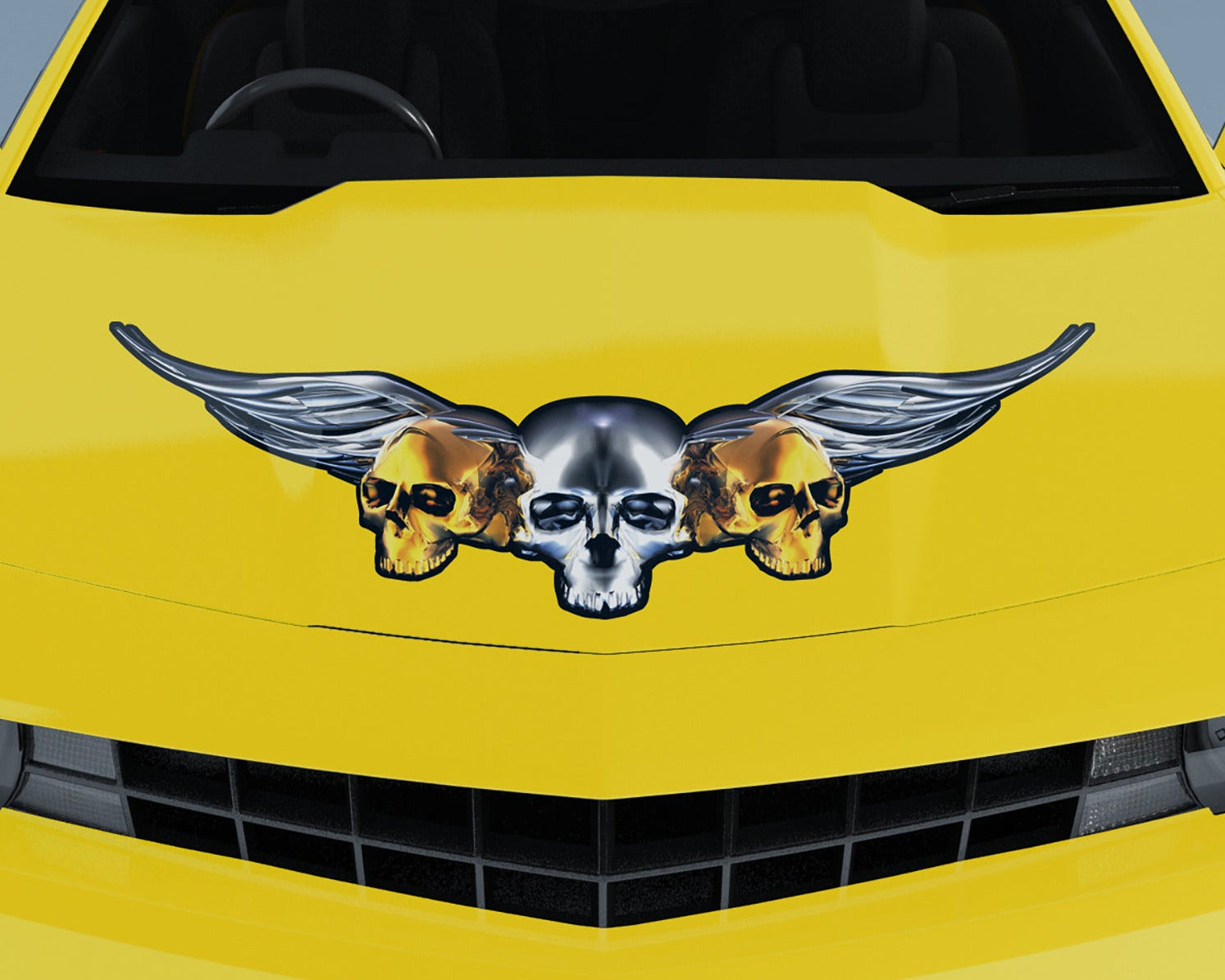 Camaro Car with chrome winged skulls decal on hood