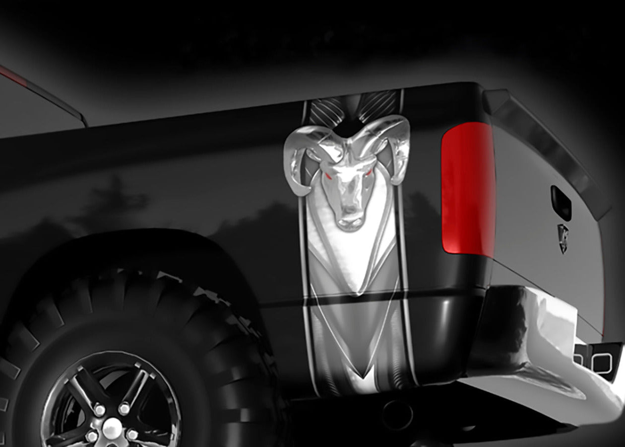 Chrome Ram Bed Band Decal on black dodge ram truck