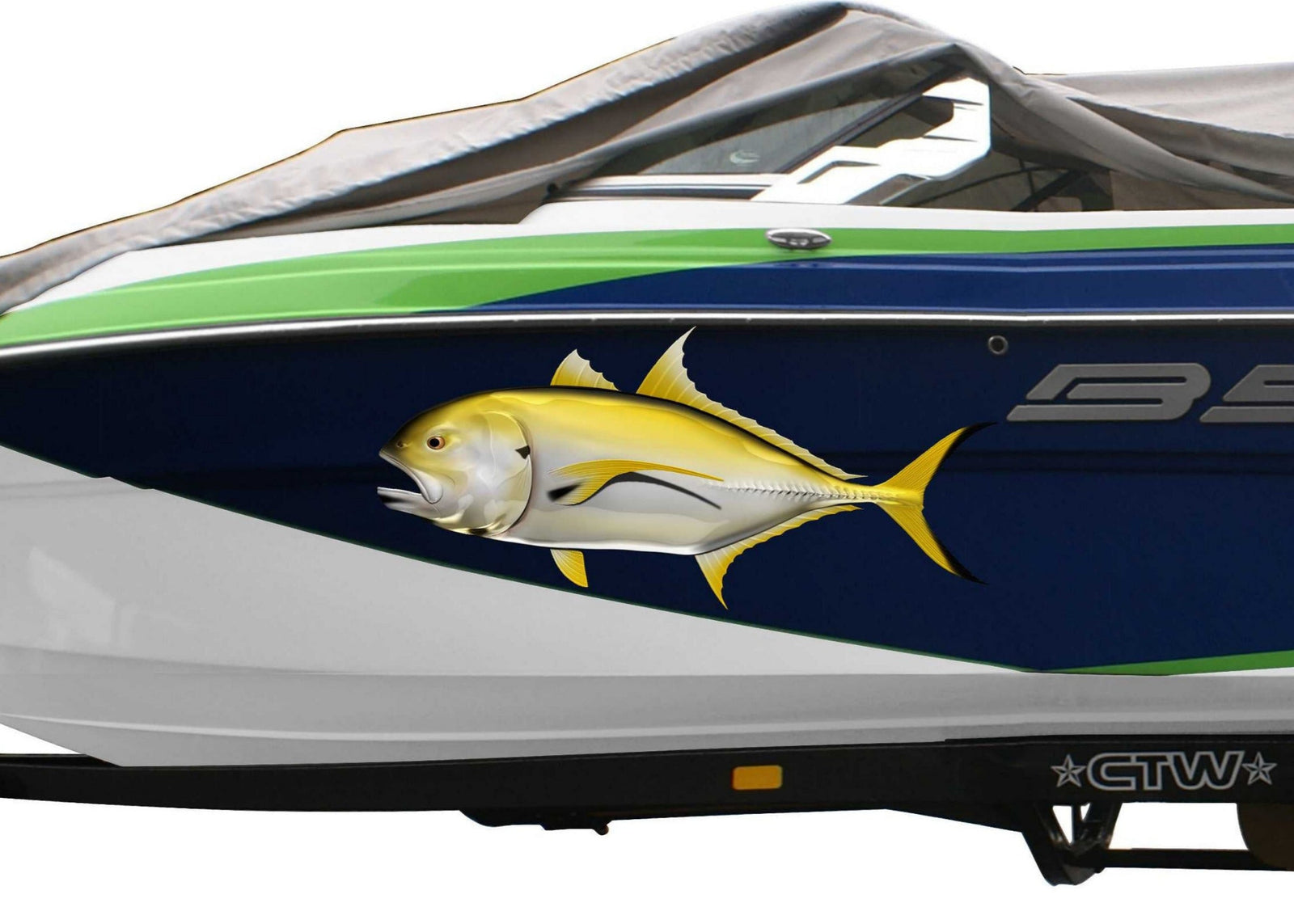 Crevalle Jack fish decal on the side of blue boat