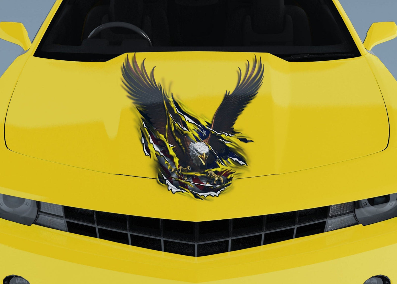 Front view of sports car featuring patriotic bald eagle tear vinyl hood decal