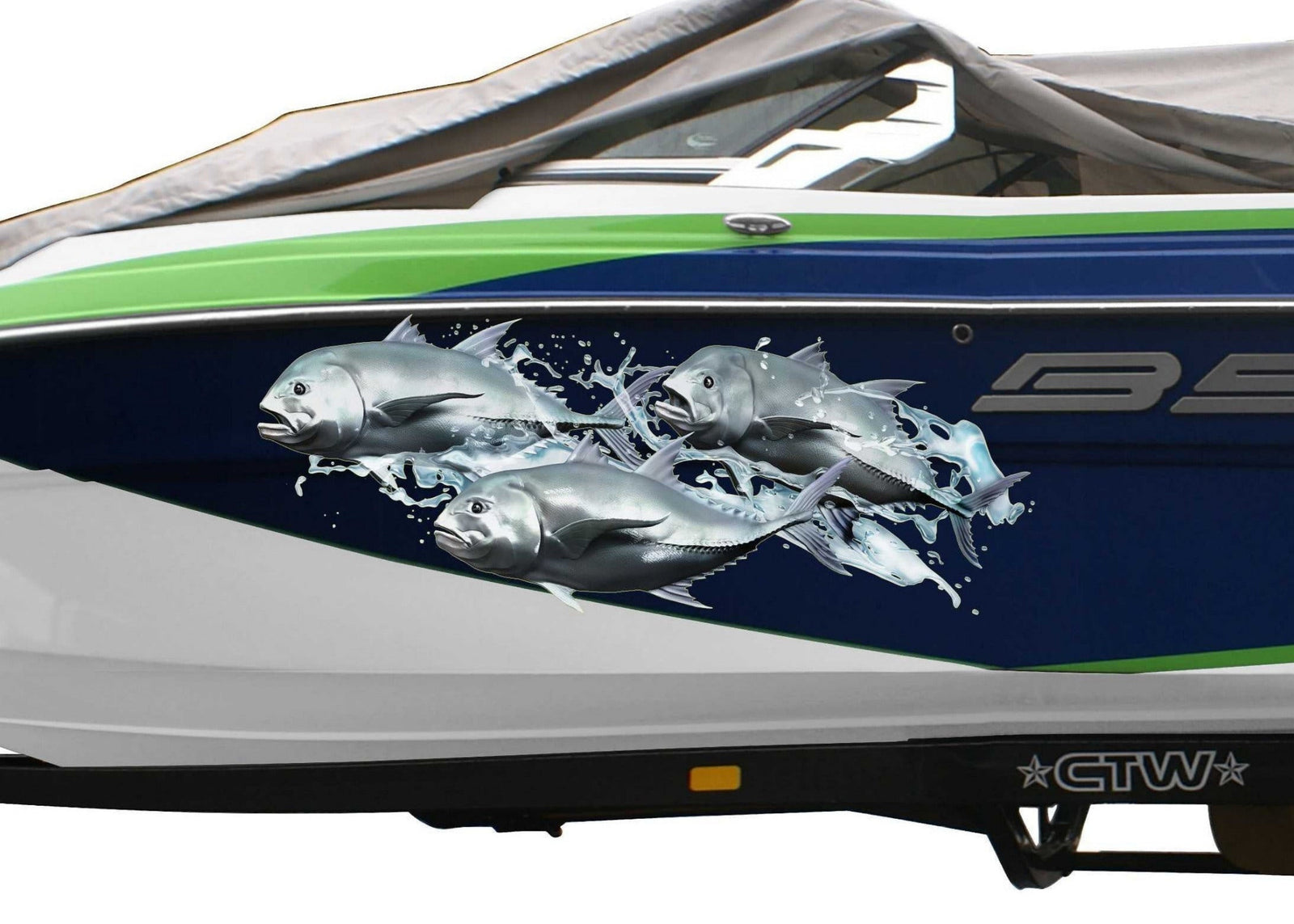 Giant Travelly Splash vinyl graphics on the side of blue boat