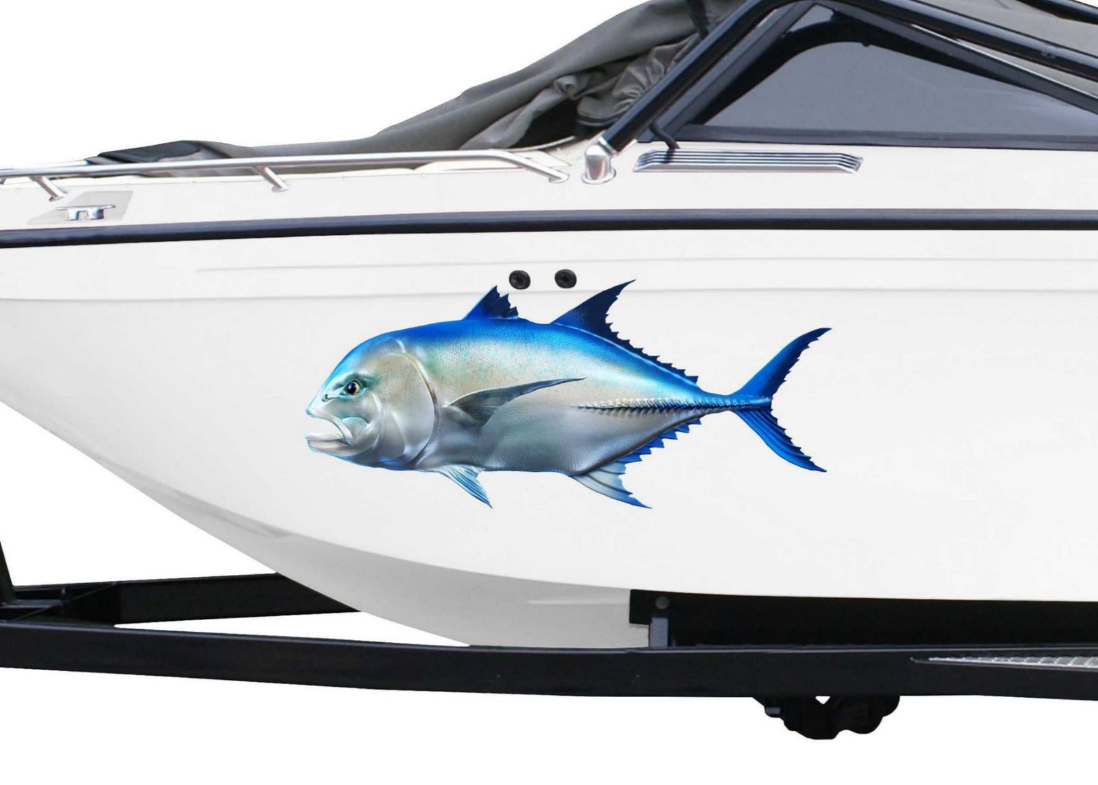 Giant travelly large fish decal on the side of boat