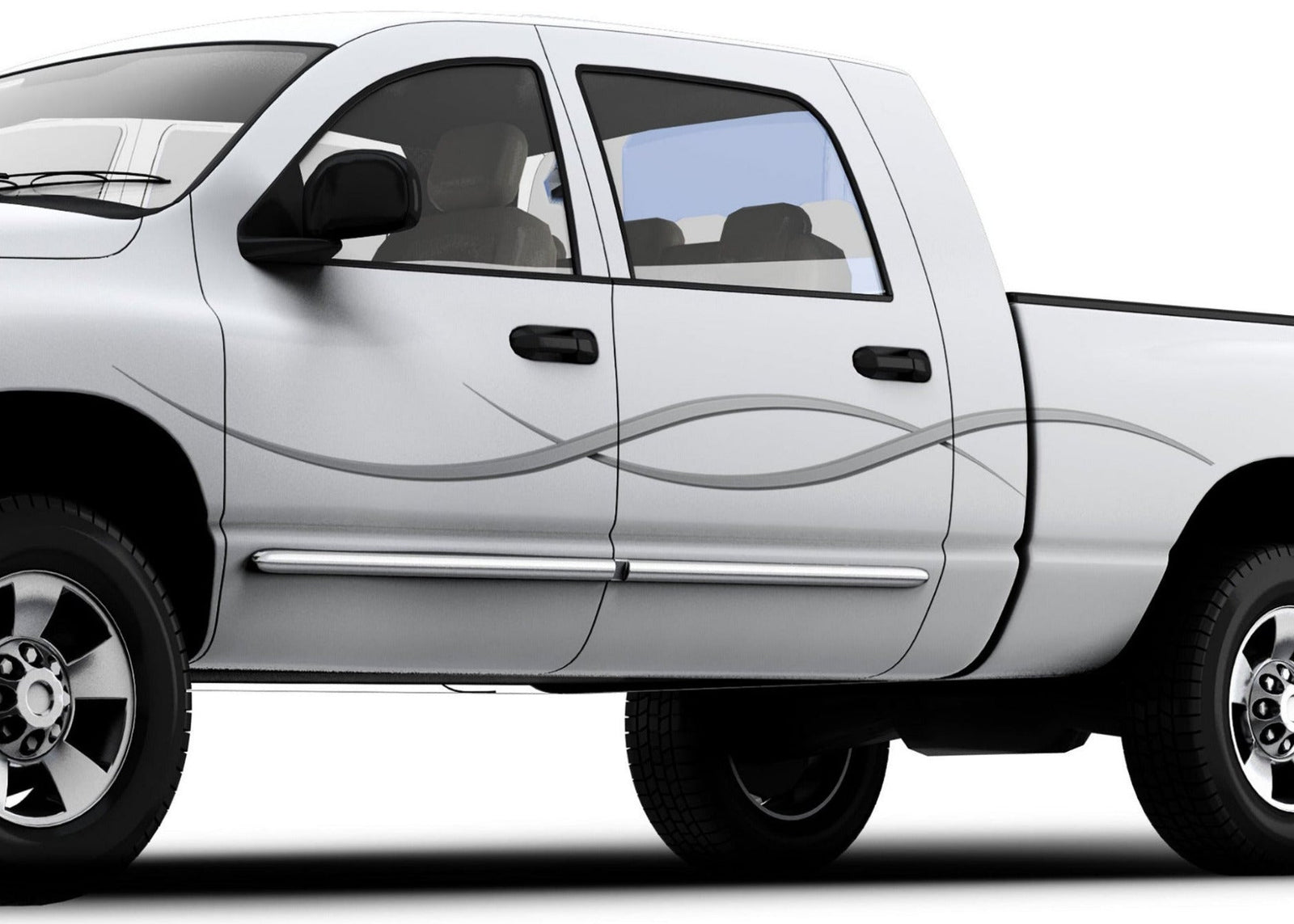 Grey Swoop Stripe Vinyl Decal on White Pickup Truck – Side View