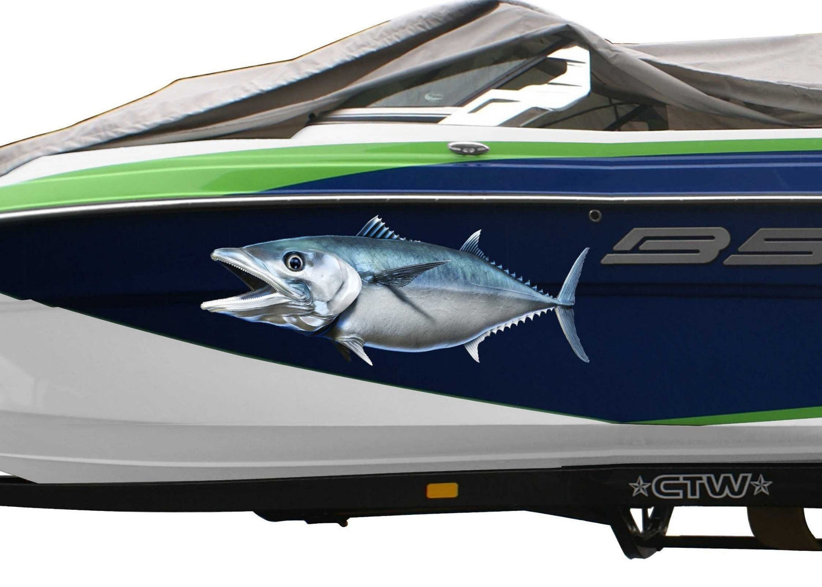 King mackerel fish decal on the side of blue boat