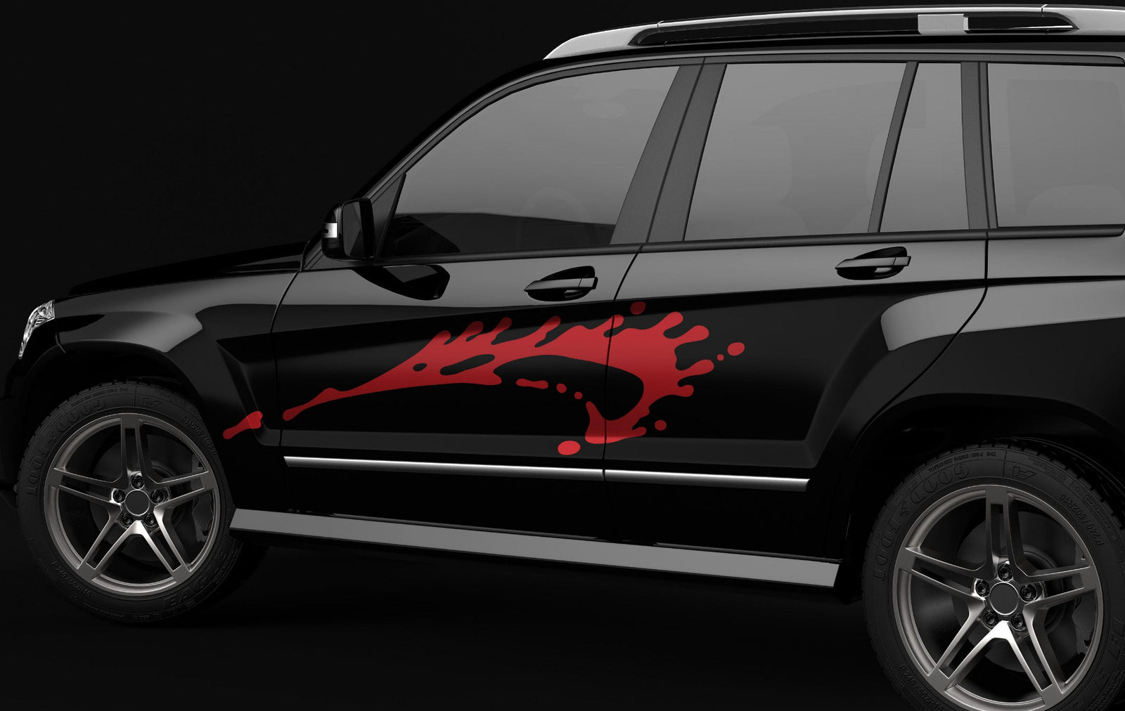Red mud splash vinyl decal on black SUV door off road side graphic