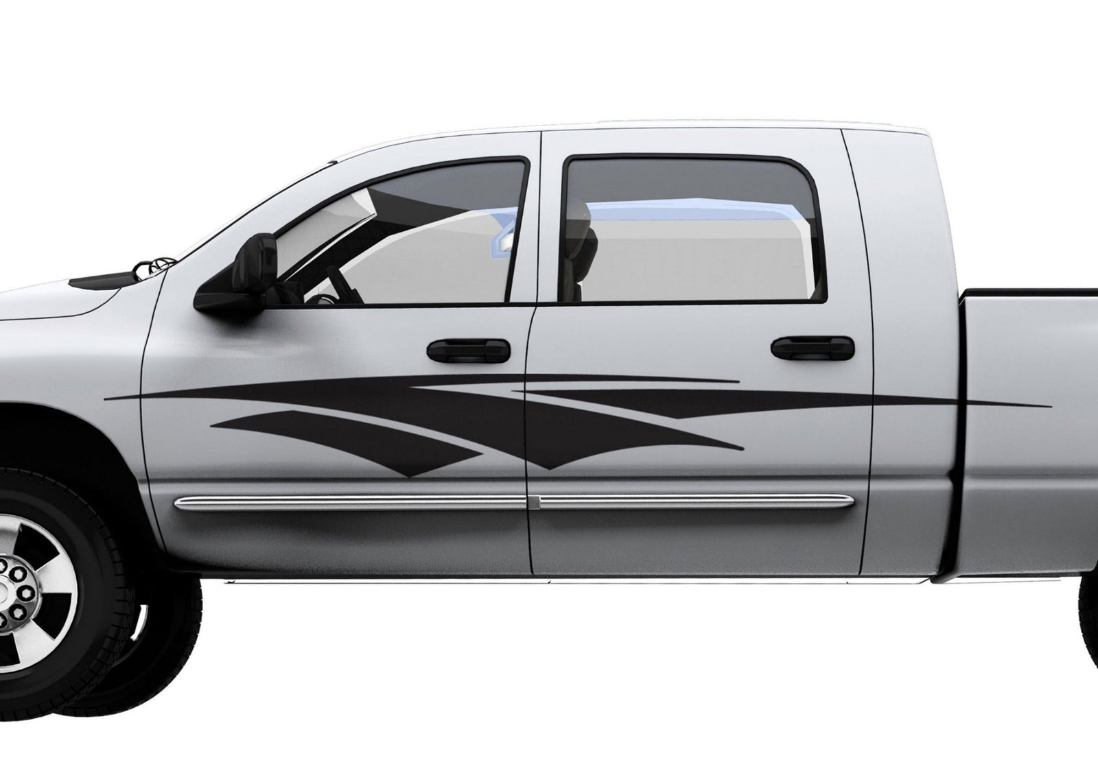 Side view of a white pickup truck with black spear decals on a white background