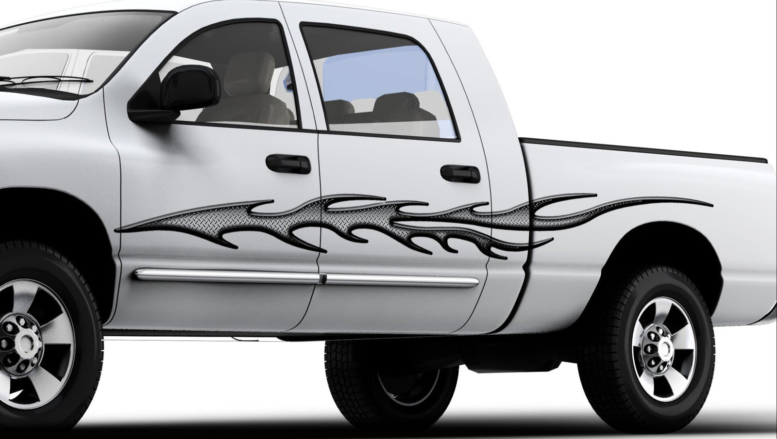 white pickup truck with strike diamond plate flame vinyl graphics on driver side