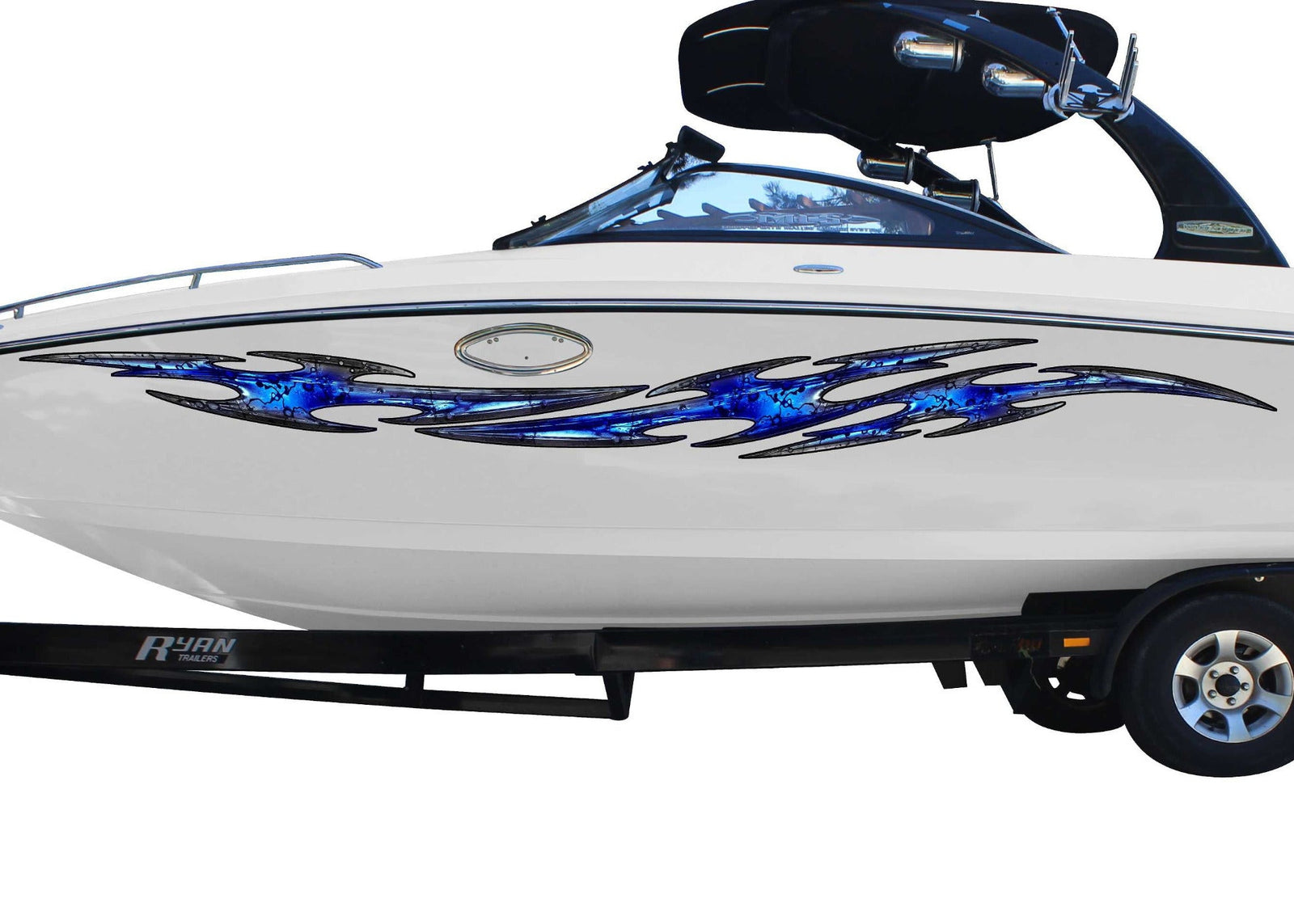 Tribal Flares decals on Malibu Wakesette boat