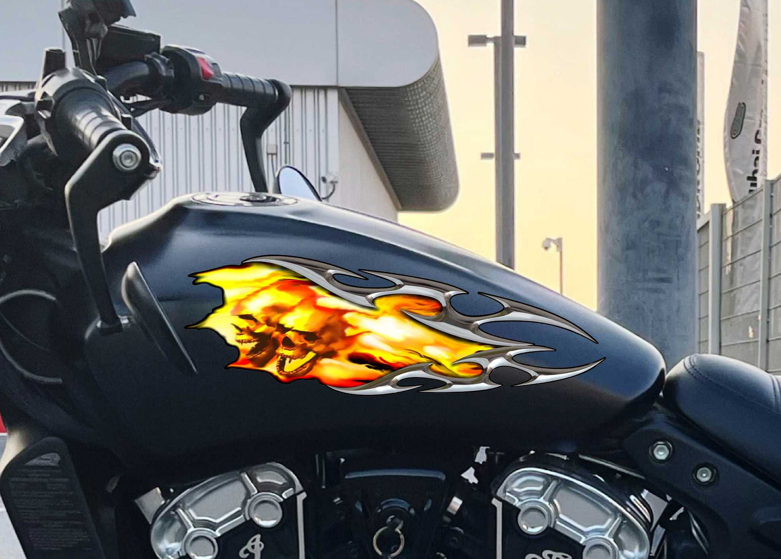 Tribal Fiery Skulls decal on black motorcycle gas tank