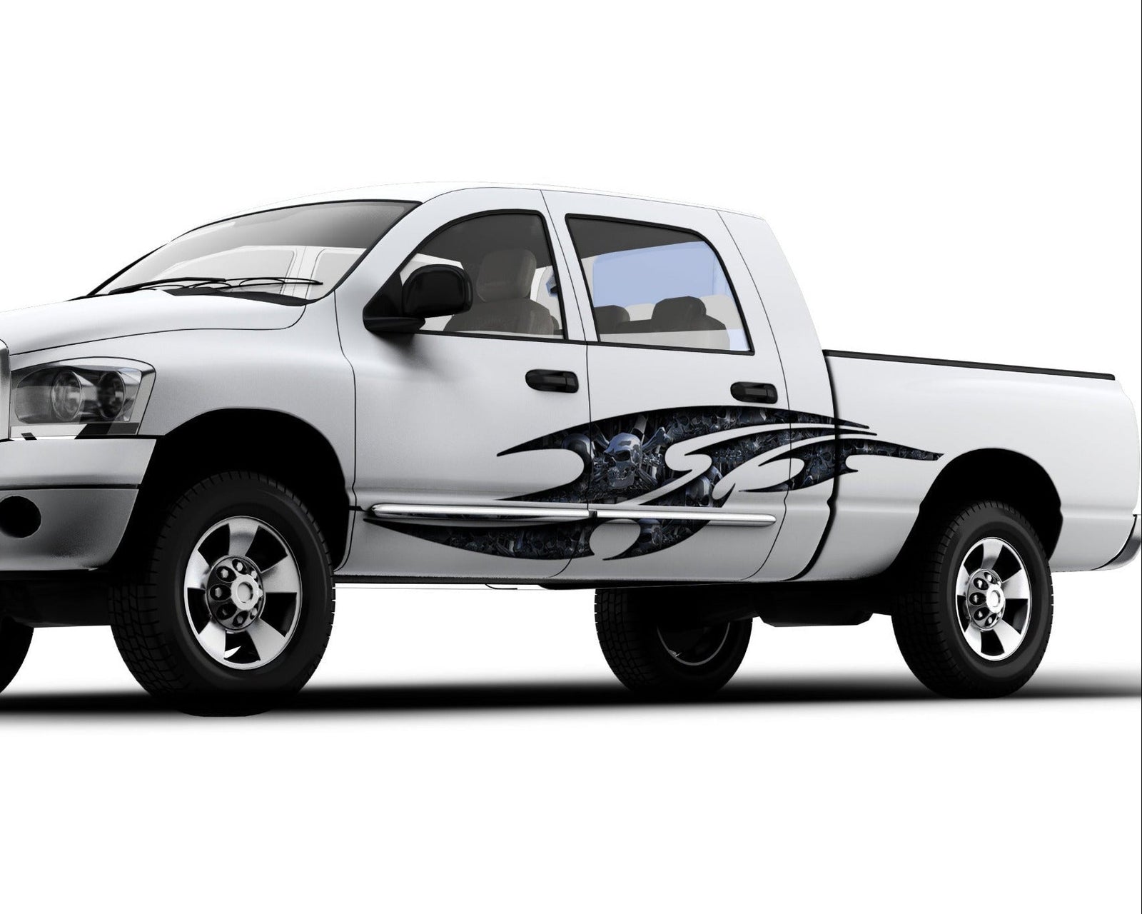 Tribal chrome skulls decals on the side of pickup truck