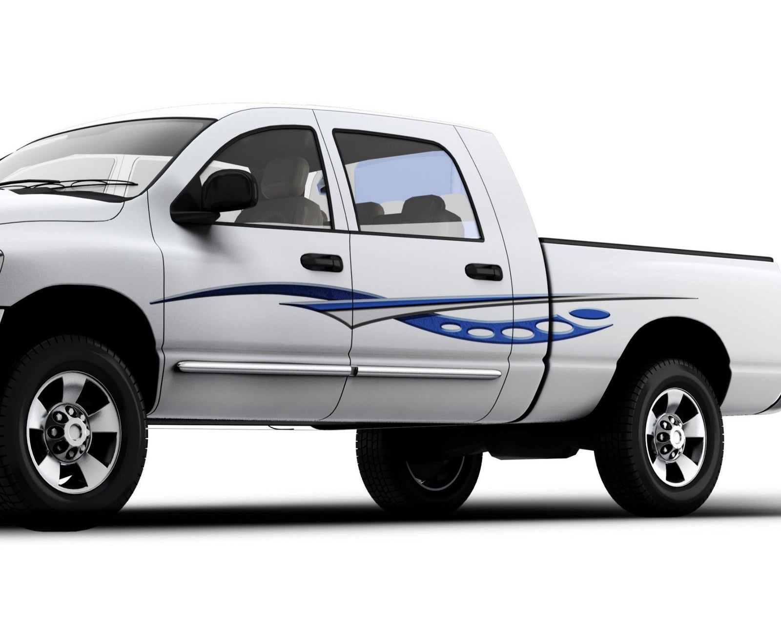 White pickup truck with cosmos blue stripe graphics on the side