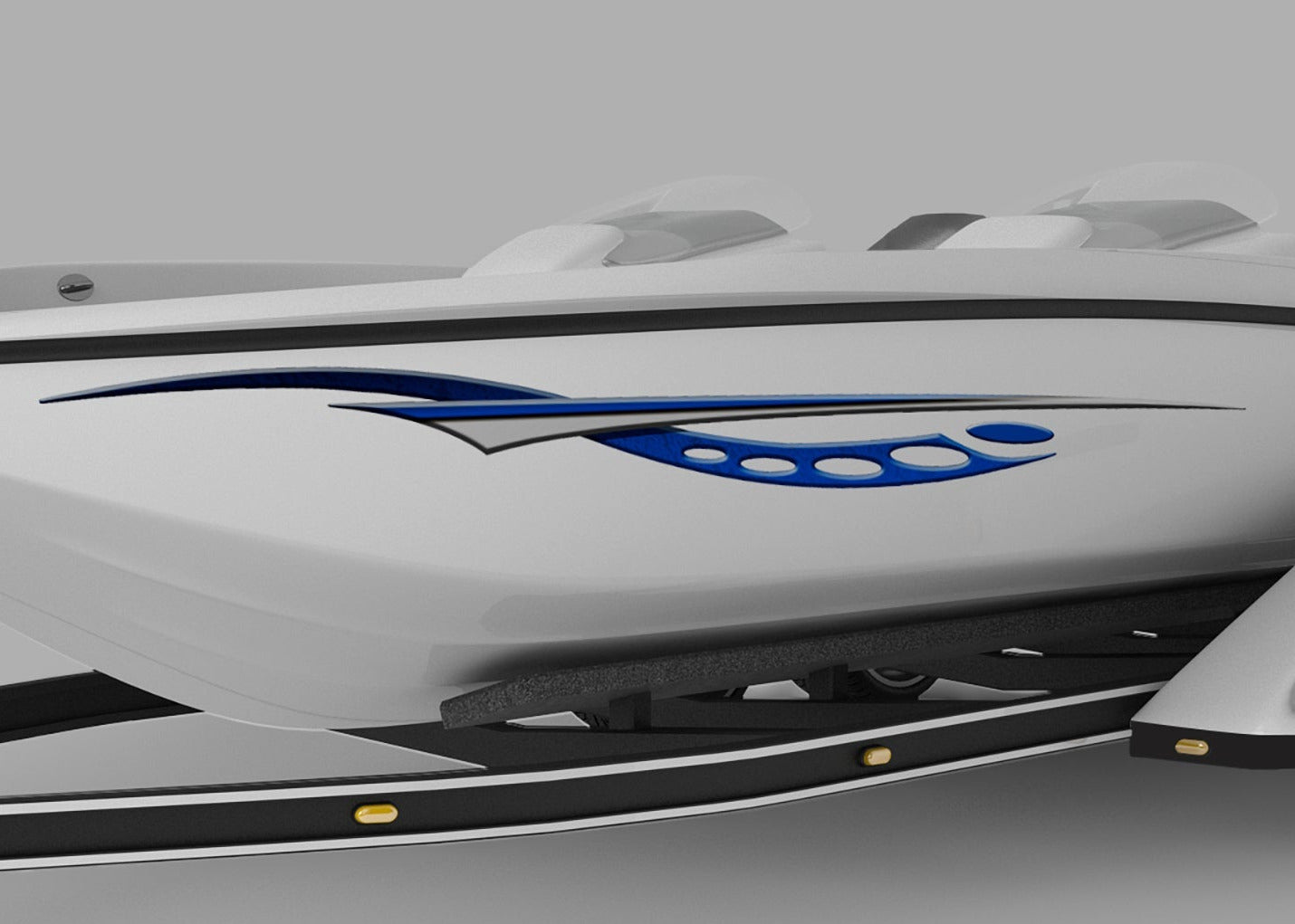 White speedboat on a trailer with blue cosmos vinyl graphics against a gray background