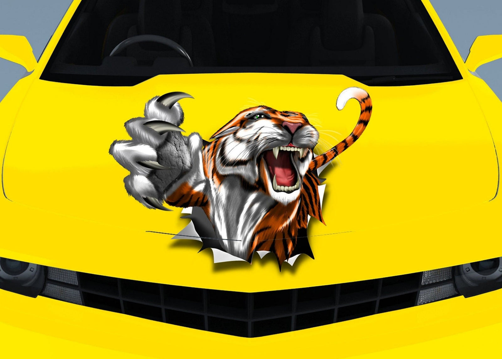 Yellow sports car with tiger ripping through metal vinyl hood decal centered on front