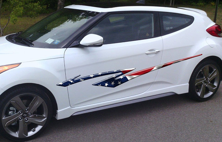 american flag stripes on white hatchback car