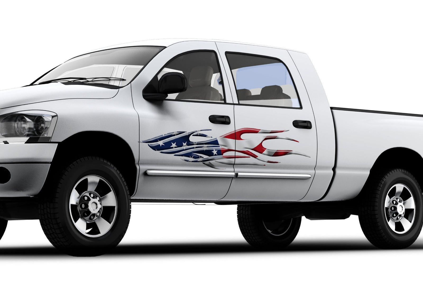 white truck with American flag flames vinyl graphics on driver side
