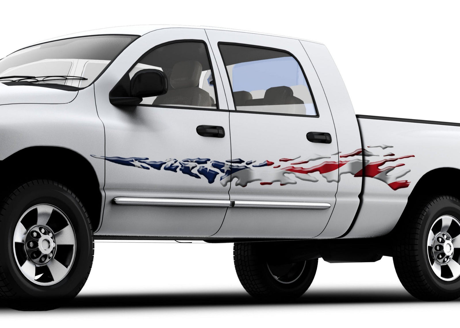 american flag mud splash graphics on side of white truck