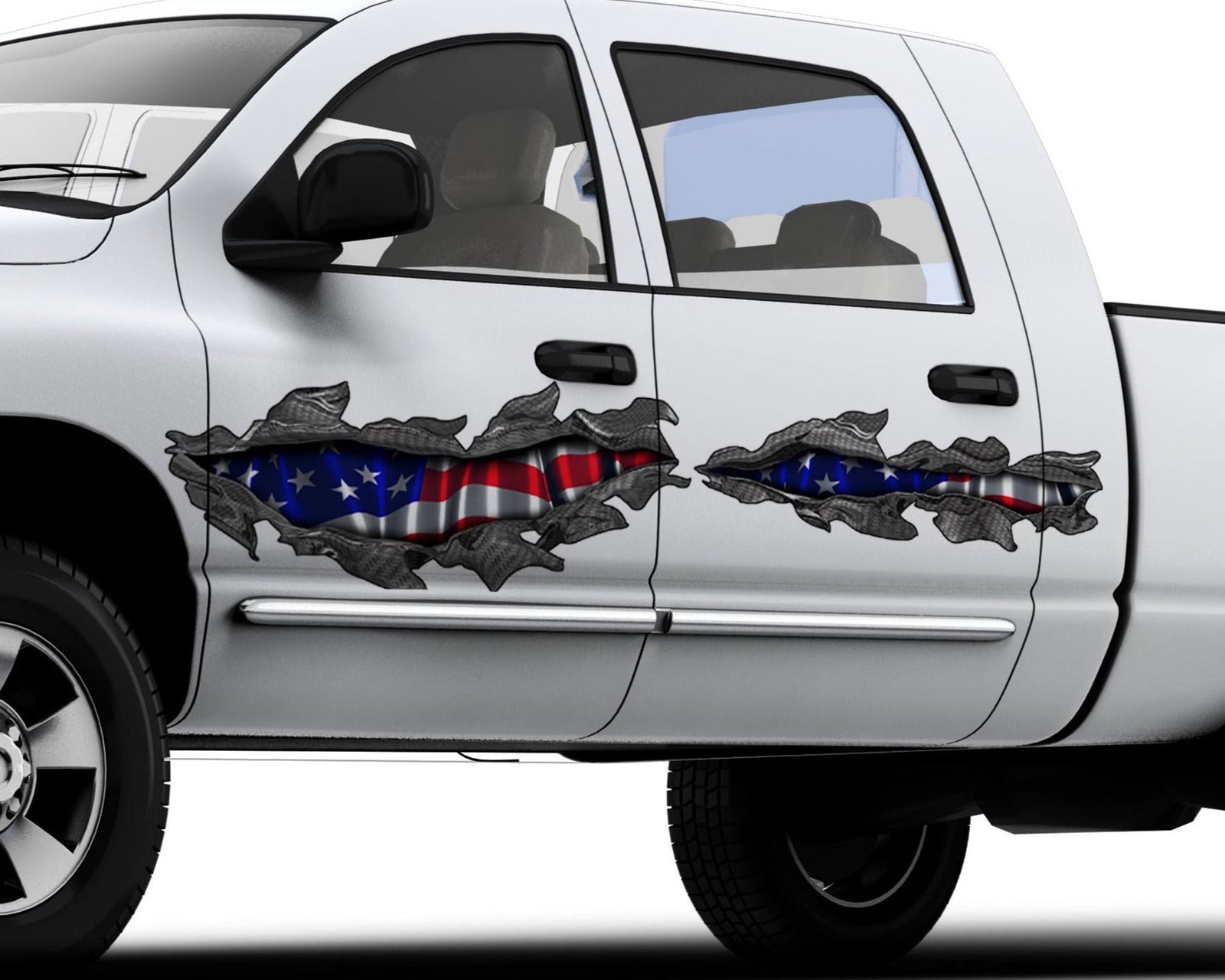 white pickup with American flag carbon fibre metal tear decals on the truck cab side