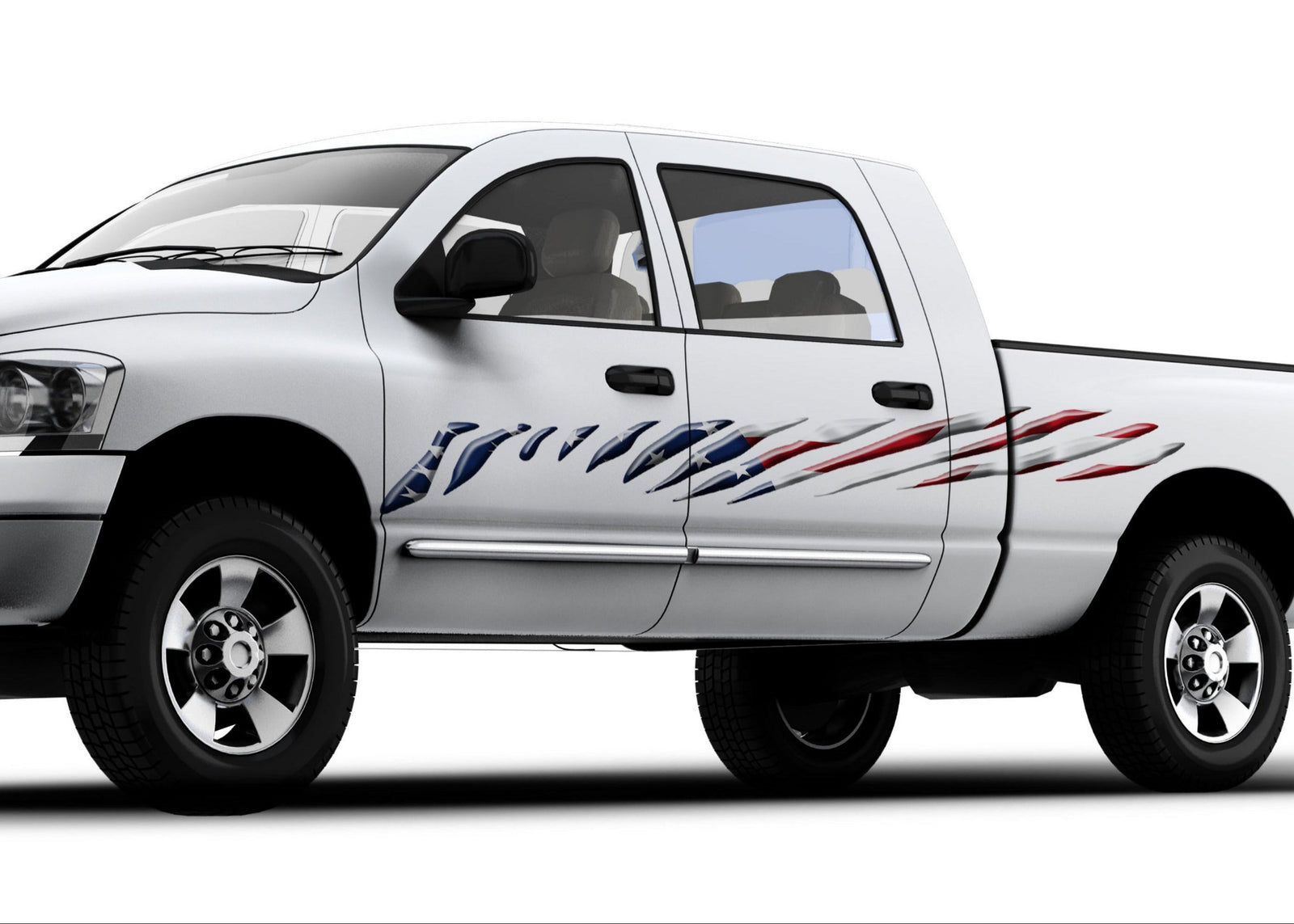 american flag stripes on the side of white pickup truck