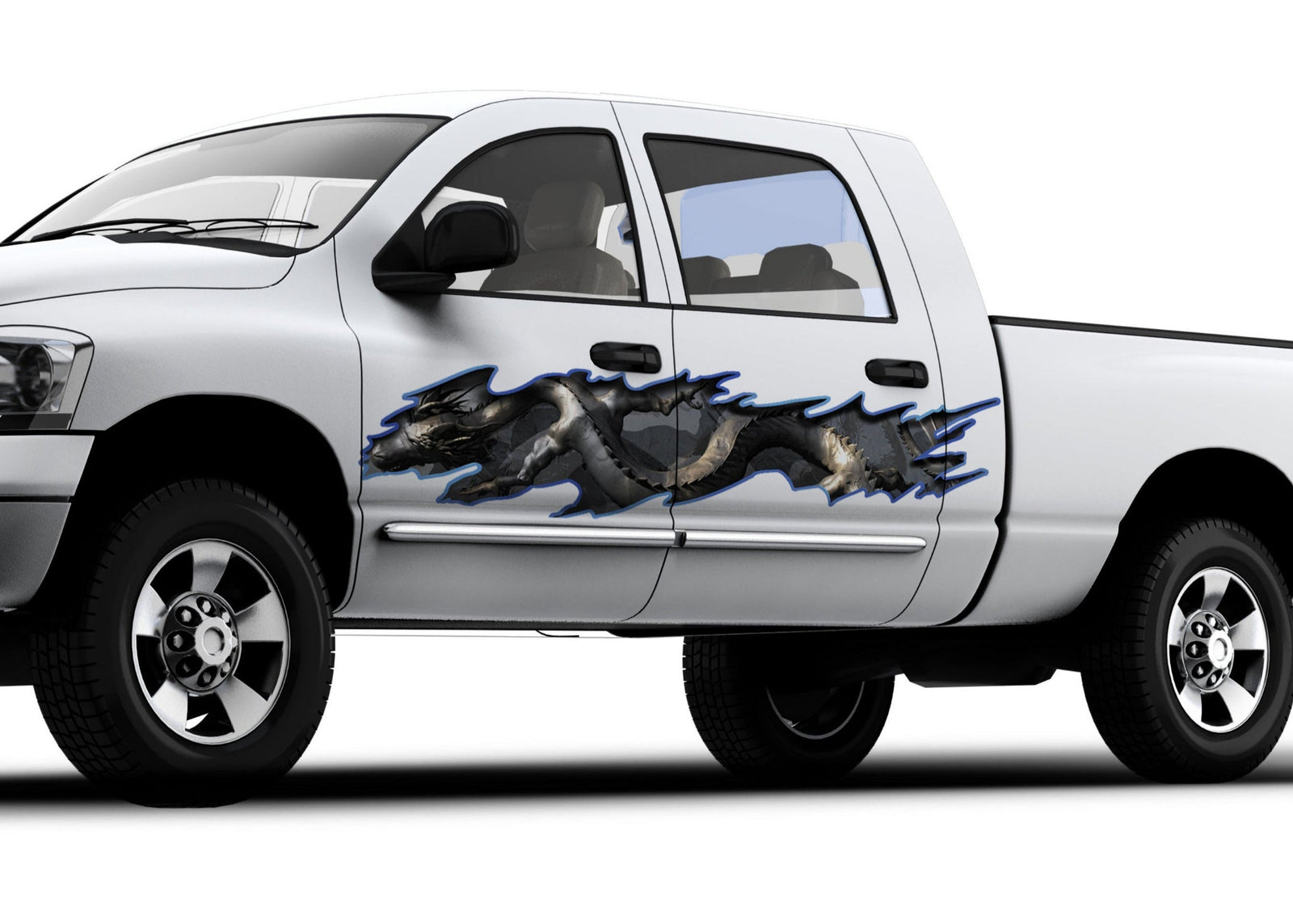 Asian dragon vinyl graphics on the driver side of white truck