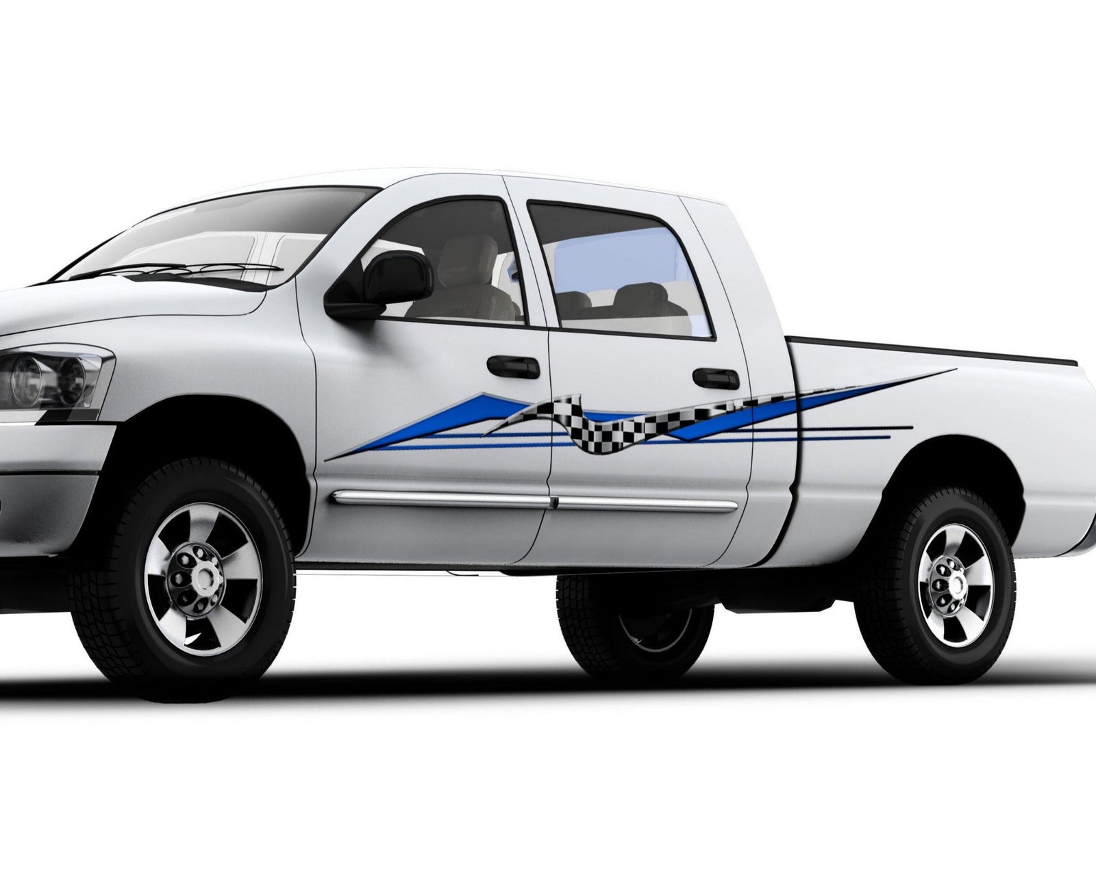 astro checkered blue decal on the side of white truck
