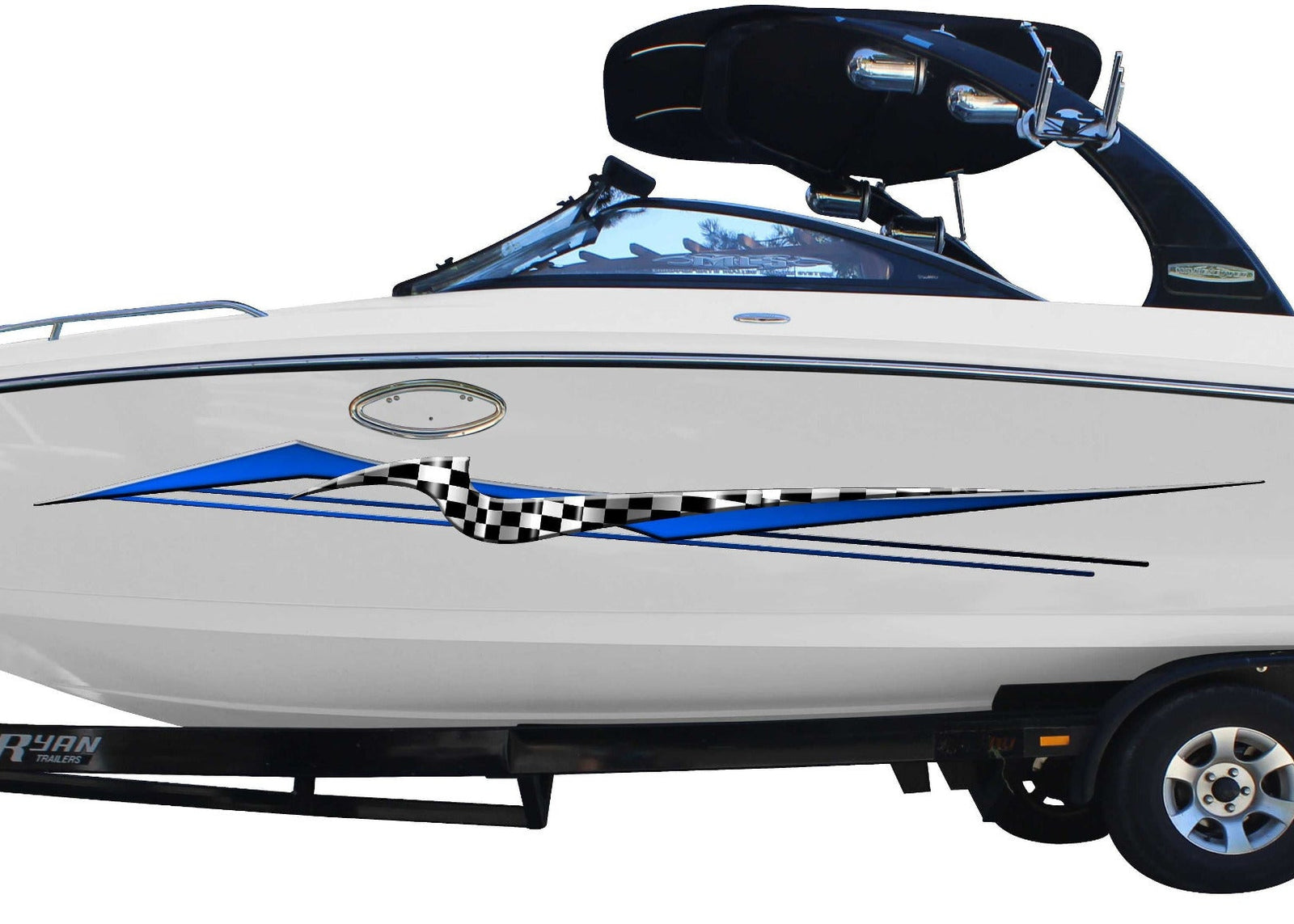 astro decal blue and checkers decals installed on the side of boat