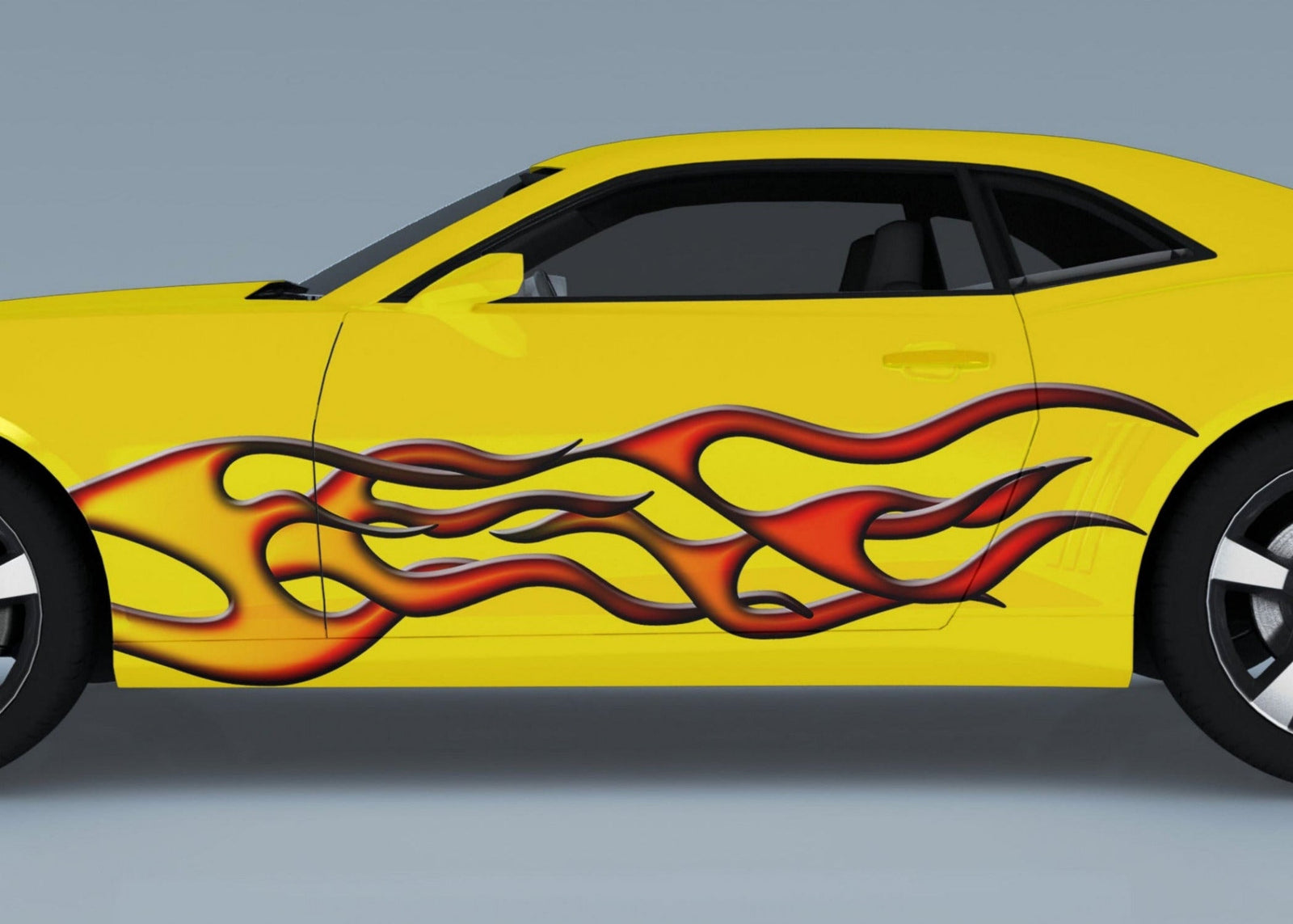 backfire flames decal on the side of yellow mustang sports car