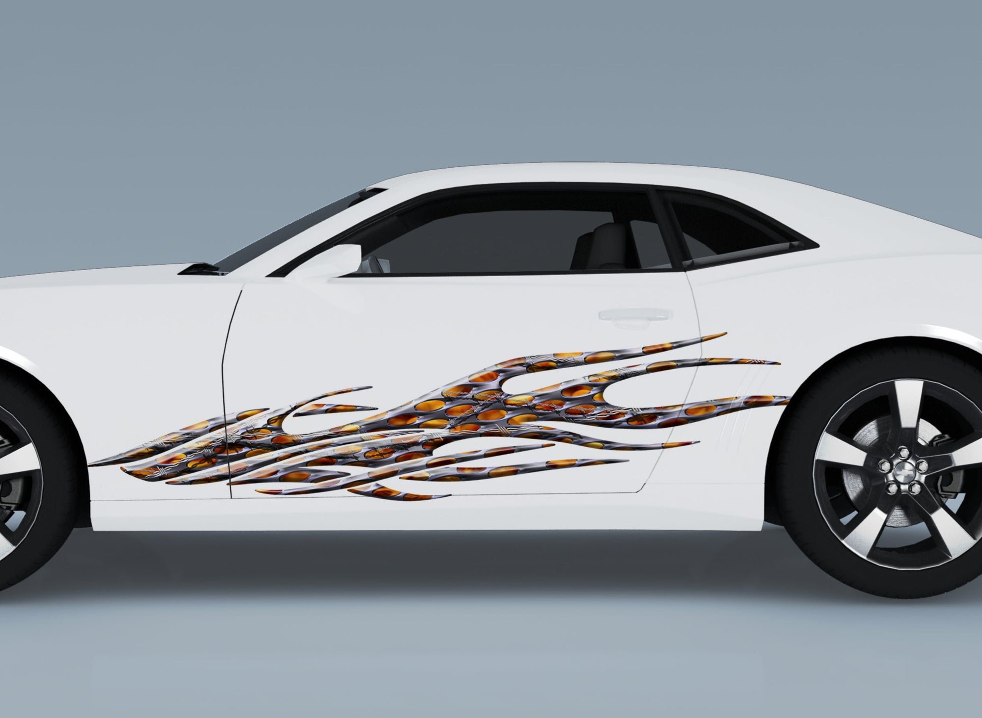 barbwire flames vinyl graphics on the side of white mustang sports car 