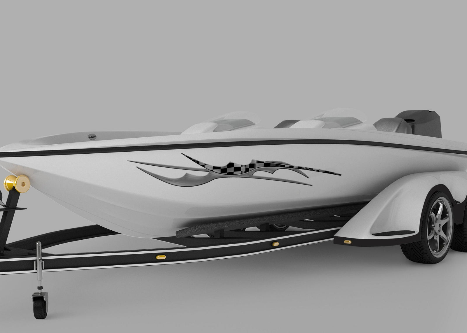 White speedboat with blade checkers vinyl decal port side, boat on a trailer against a light gray background