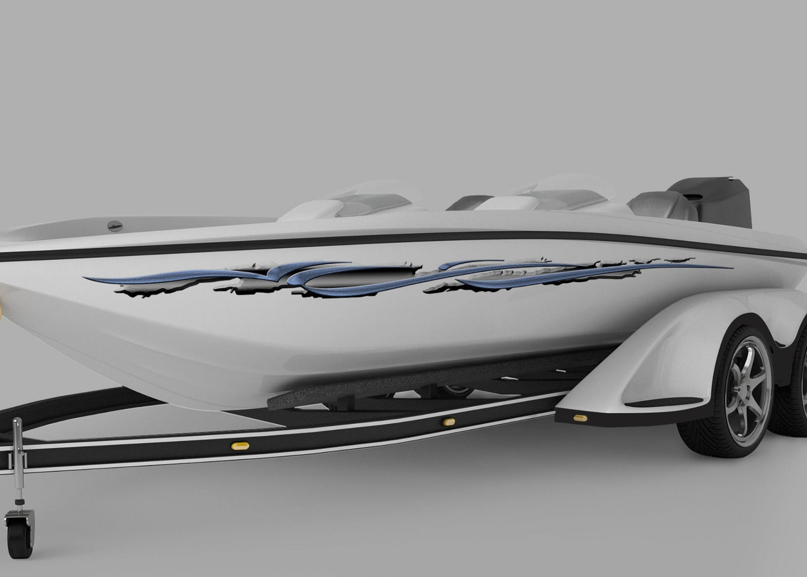 White speedboat on a gray background with gray blue flight vinyl graphic stripe on port side