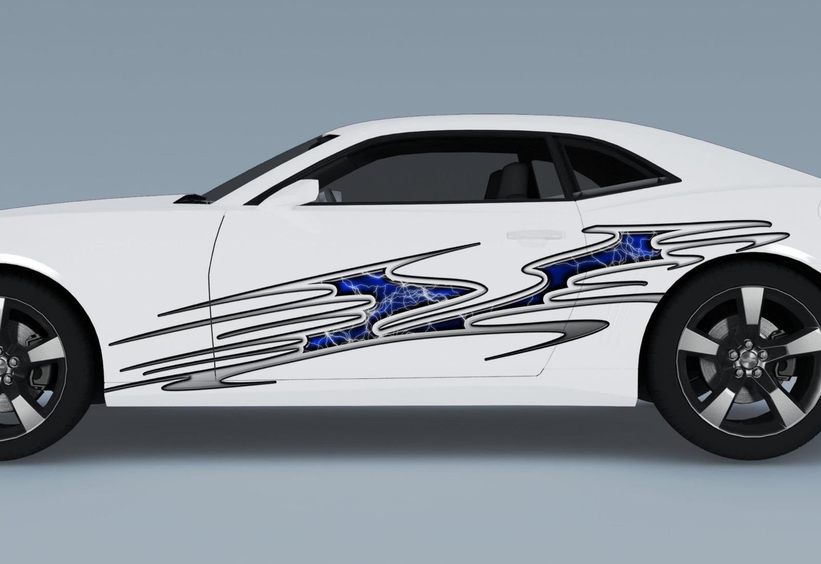 white camaro with purple beast lightning vinyl decal on driver side