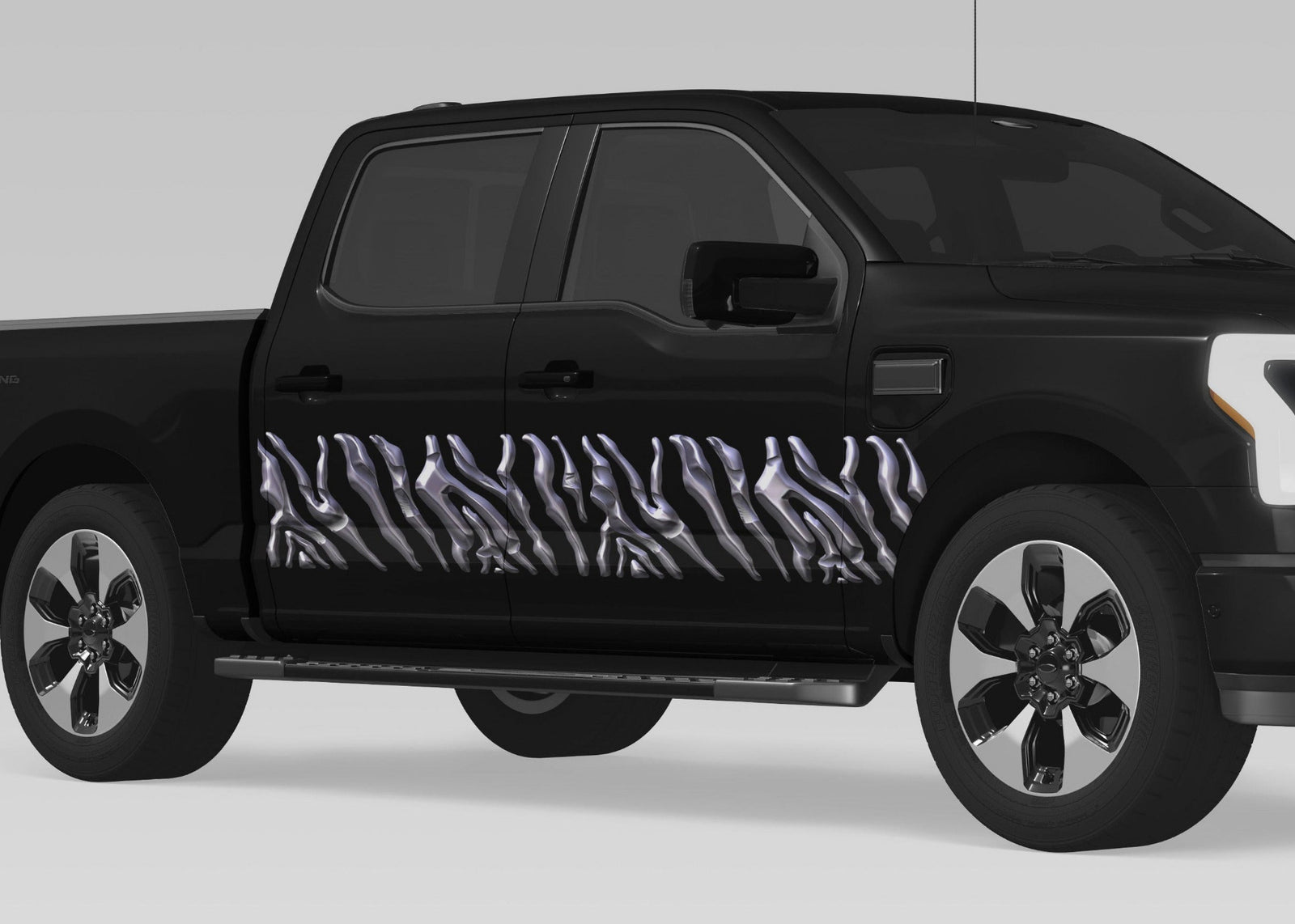 black truck with chrome zebra style vinyl graphic stripes on passenger side