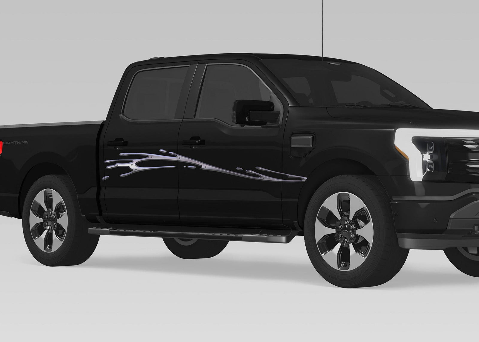 black pickup with metal style mud splash vinyl graphic decal on passenger side