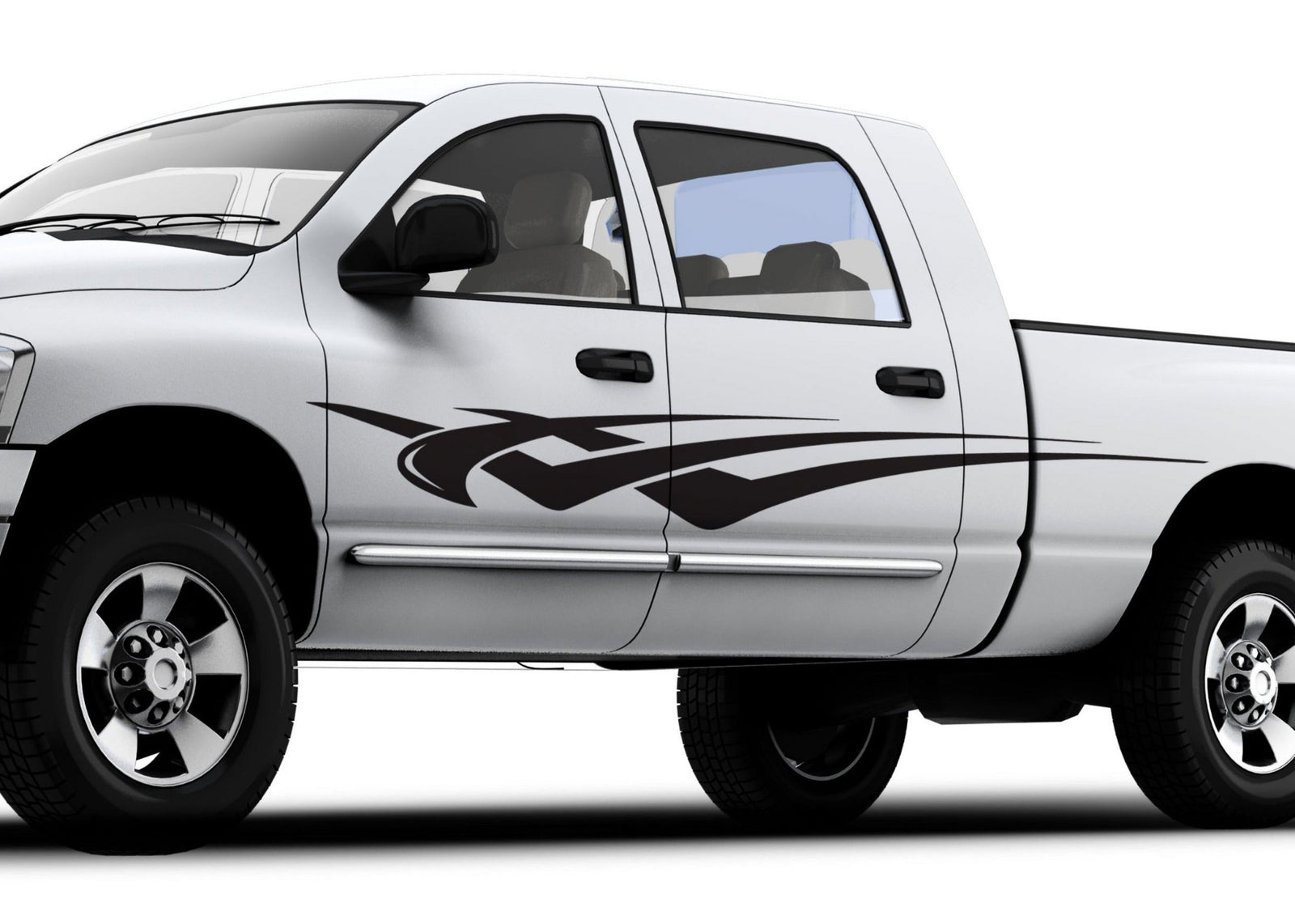 white truck with black crosswind stripe decal on driver side