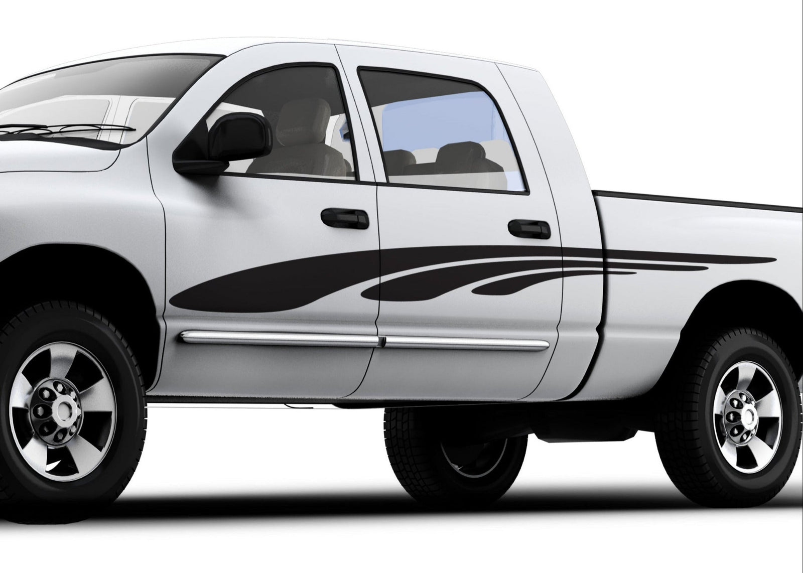 black vinyl graphic stripes on the side of white truck
