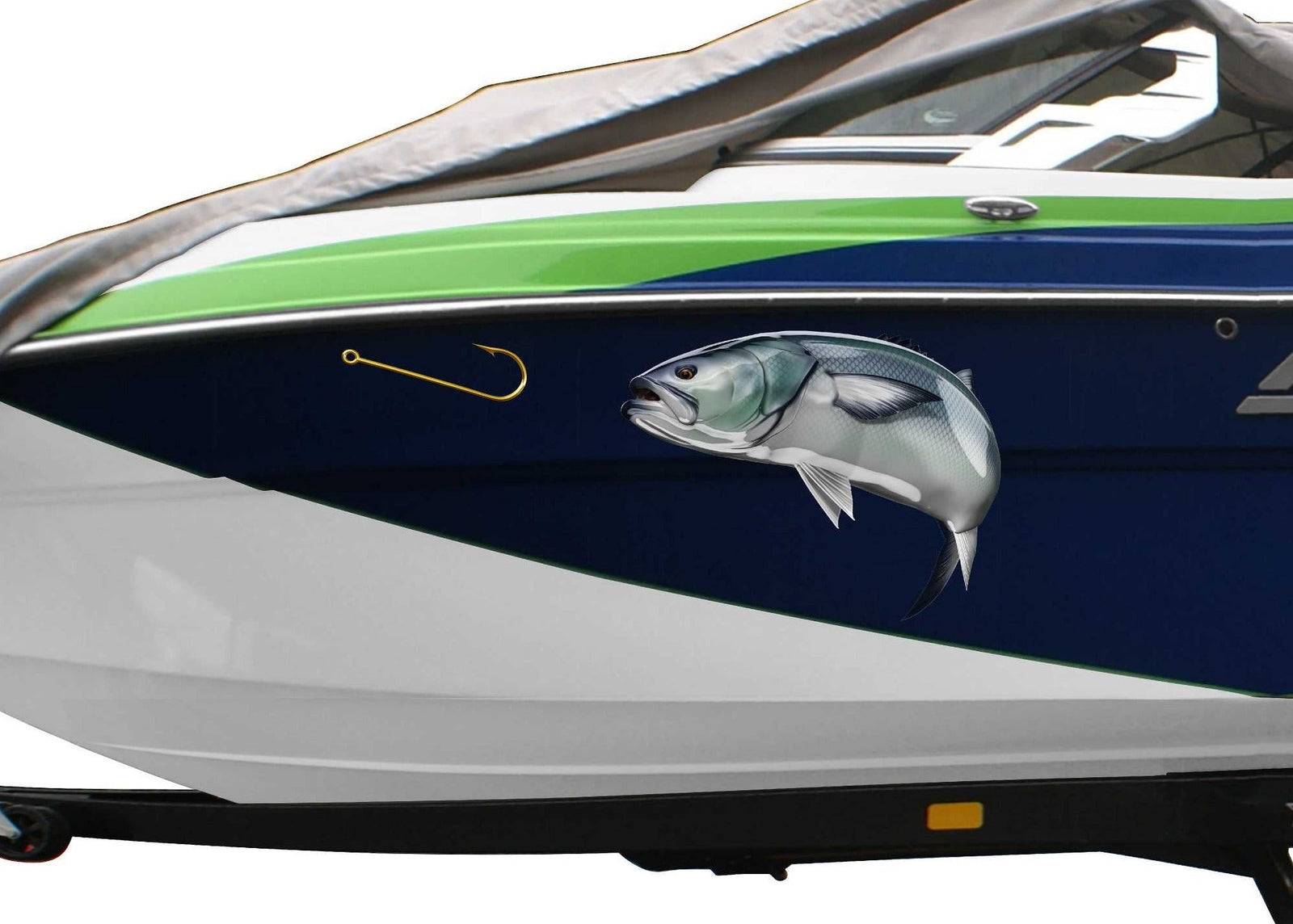 bluefish chasing gold fish hook decals on the side of boat
