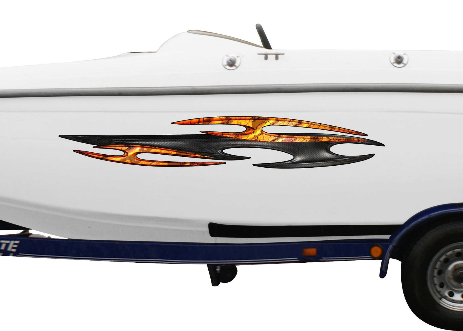 boat with tribal carbon fiber decal on port side