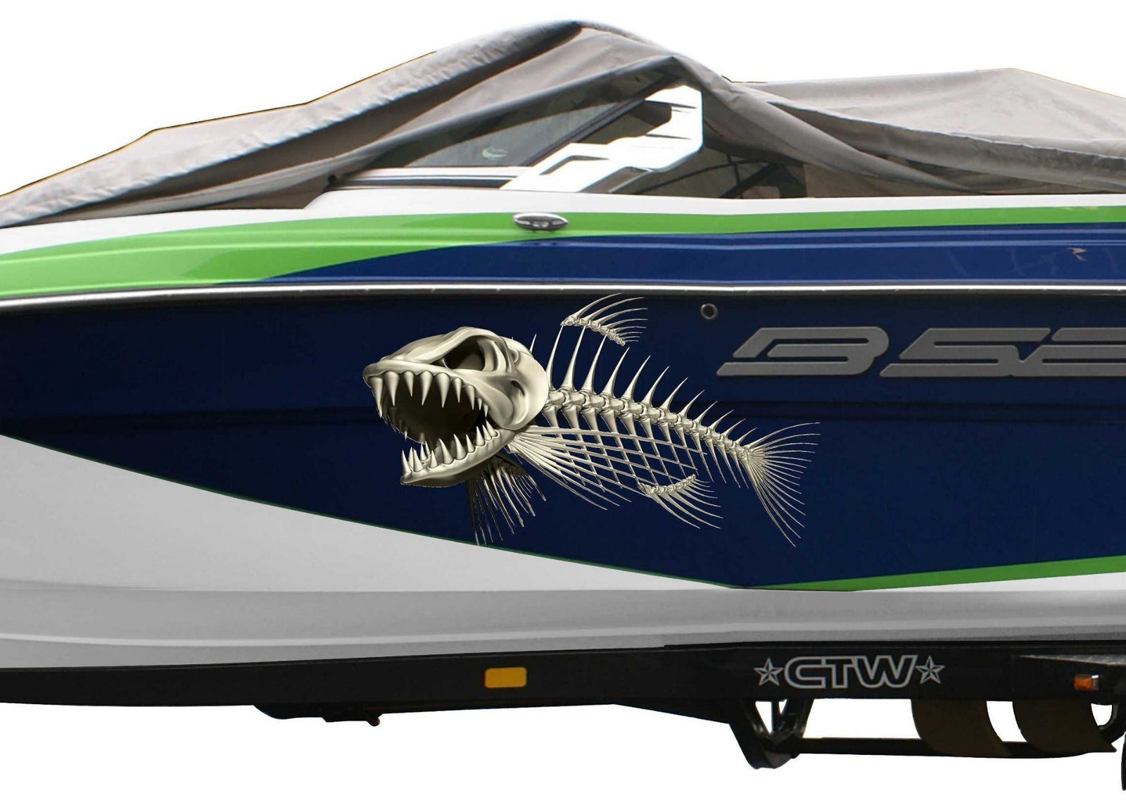 bone fish skeleton decal on the side of blue boat
